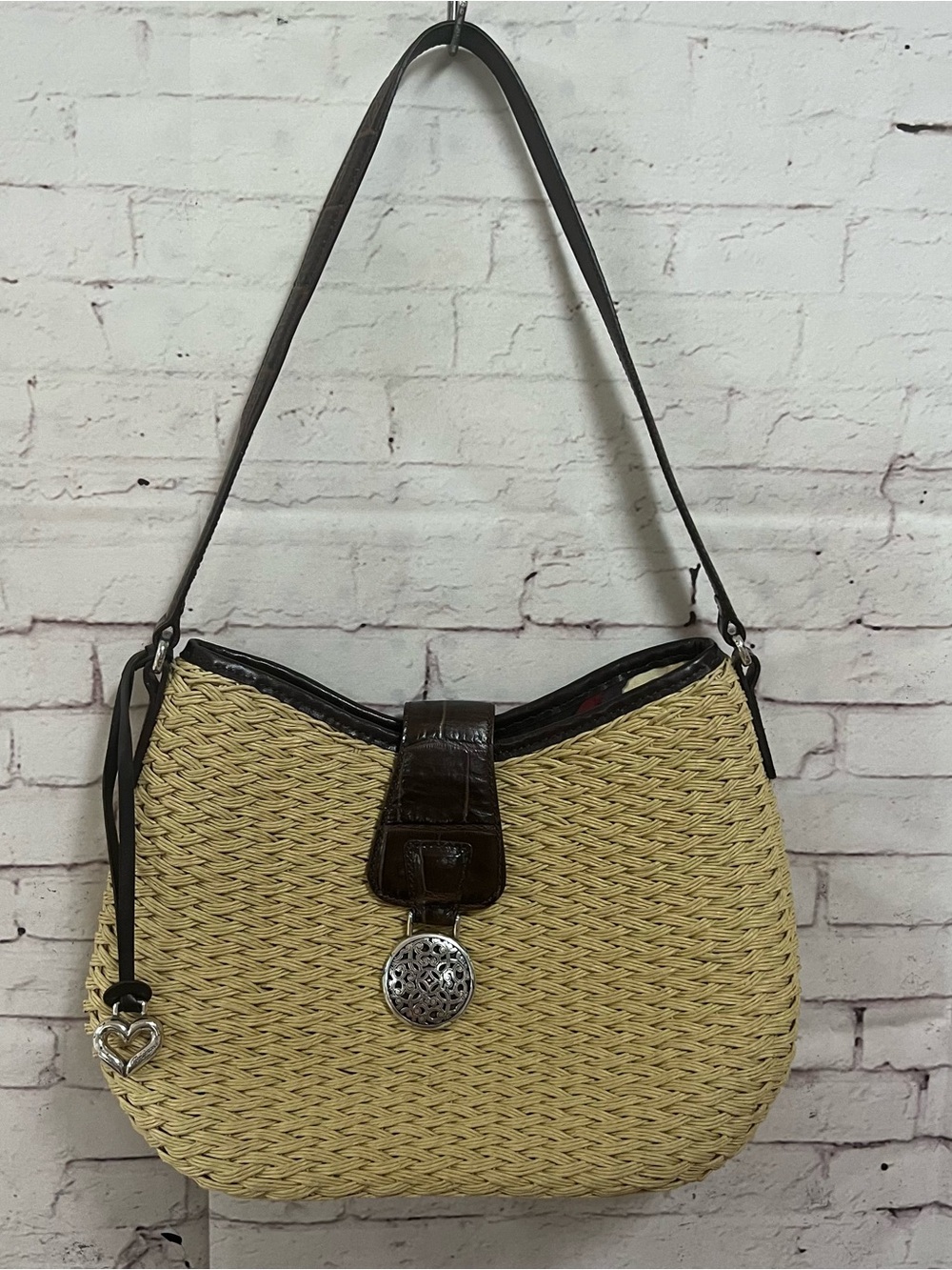 Brighton Purse Bag Jani Woven Shoulder Bag Tan Straw Brown Leather Croc Silver